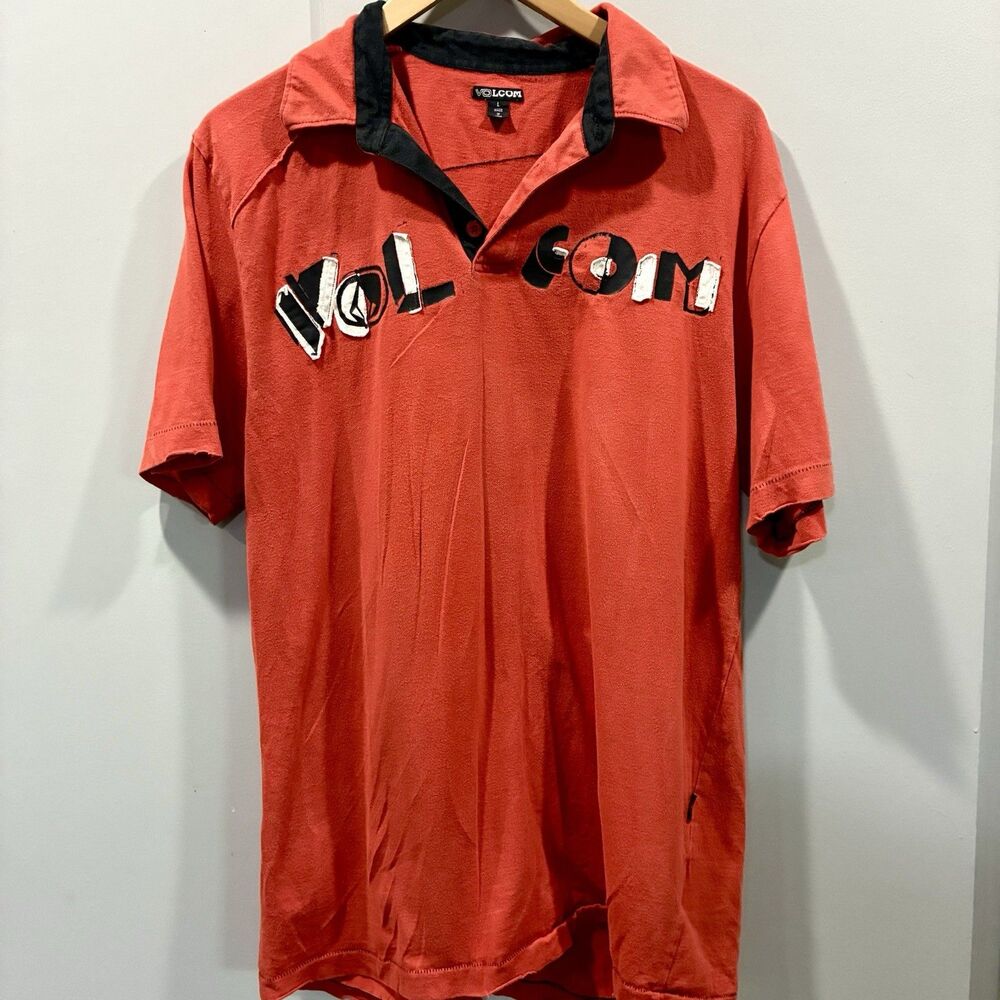 RARE Vintage Volcom Stone Boardwear Sz L Orange Spellout Graphic Polo Skate Y2K